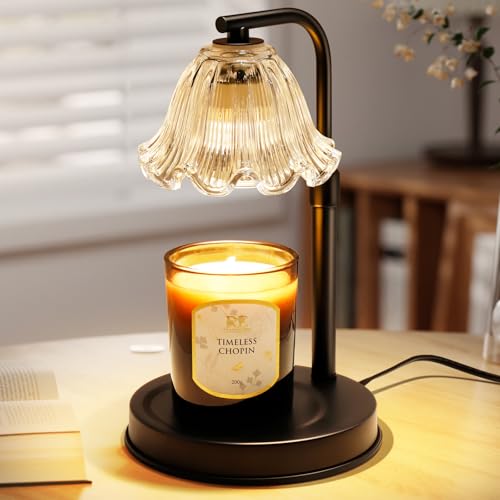 Candle Warmer Lamp with Timer - Adjustable Height for Jar Candles | Metal and glass candle warmer with 4 brightness levels, 2/4/8-hour timer, adjustable 7.08-11.1 in pole and two 50W bulbs - color: Flower Candle Warmer Lamp