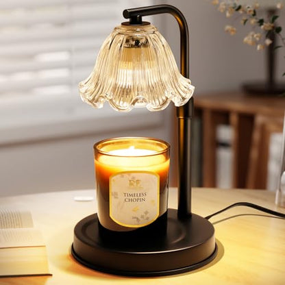 Candle Warmer Lamp with Timer - Adjustable Height for Jar Candles | Metal and glass candle warmer with 4 brightness levels, 2/4/8-hour timer, adjustable 7.08-11.1 in pole and two 50W bulbs - color: Flower Candle Warmer Lamp