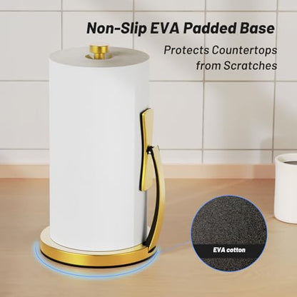 VEHHE Gold Paper Towel Holder Countertop, One-Handed Tear, Stainless Steel, Stand Paper Towel Holder with Spring Activated Arm & Non Slip Weighted Base, for Kitchen Bathroom - color: Gold, size: Eva Pad Base