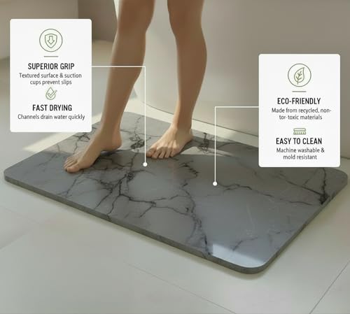 Premium Stone Bath Mat Diatomaceous Earth Ultra Absorbent Quick Drying Easy to Clean Non-Slip Diatomite Stone Bath Shower Mat Ideal for Bathroom Floor (Marble Grey) - color: Marble Grey