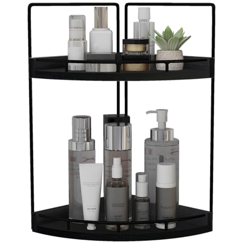 Dorhors Corner Bathroom Counter Organizer,Vanity Countertop Storage Shelf | 2-Tier Black Rack Holder for Skincare,Perfume,Makeup,Lotion,Wood Sink Tray Stand for Kitchen,Restroom,Dresser - color: Black