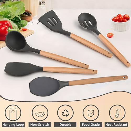 Silicone Cooking Utensils Set 5-Piece Non-Stick Kitchen Utensil Set, Wood Handle Heat Resistant Spatula Spoon Turner Soup Ladle Silicone Cooking Kitchen Gadgets BPA Free for Nonstick Cookware - color: Gray, size: Standard 5-Piece Set
