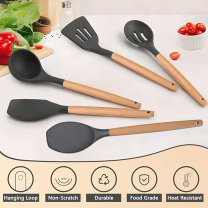 Silicone Cooking Utensils Set 5-Piece Non-Stick Kitchen Utensil Set, Wood Handle Heat Resistant Spatula Spoon Turner Soup Ladle Silicone Cooking Kitchen Gadgets BPA Free for Nonstick Cookware - color: Gray, size: Standard 5-Piece Set