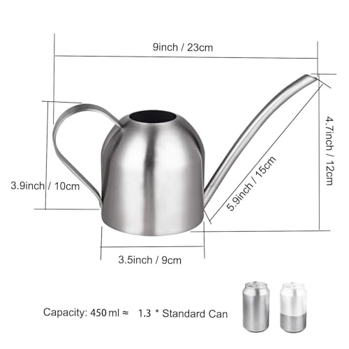 IMEEA Small Watering Can for Indoor Plants, Stainless Steel with Long Spout, 15oz/450ml – Perfect for Desk, Windowsill & Bonsai - color: 15oz (Silver)