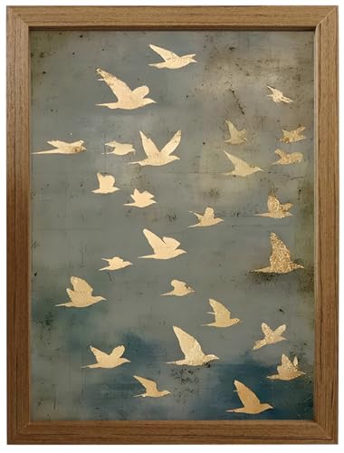 Vintage Flying Birds Wall Art Framed Canvas 8x10 - Abstract Flock of Birds Painting, Solid Wood Picture Frame with Stand, Minimalist Rustic Tabletop & Wall Decor for Office Bedroom Ready to Hang - color: hainiao, size: 10"L x 8"W