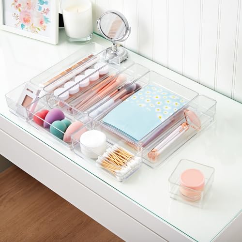 STORi SimpleSort 10-Piece Stackable Clear Drawer Organizer Set | Multi-size Trays | Makeup Vanity Storage Bins and Office Desk Drawer Dividers | Made in USA - size: 10 piece set, style: 10 Piece Set
