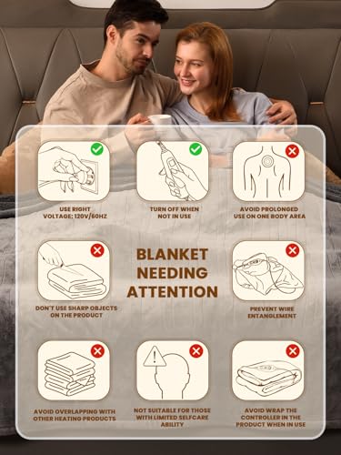 Bearhug Electric Blanket Queen Size with Dual Controls, 10 Heat Levels & 1-12H Auto Shut-Off, Fast Heating Soft Velvet to Sherpa Heated Blanket for Couples, Machine Washable, Gray - color: Gray-velvet & Sherpa, size: Queen Size 84" × 90"