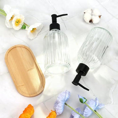Kitchen Soap Dispenser Set with Wood Tray, Glass Soap Dispenser with Plastic Pump, Hand and Dish Set for Bathroom Decor (Clear)