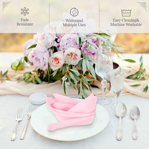 PLOYMONO Pink Cloth Napkins - 8 Pack 17" x 17" Washable Polyester Napkins | Heavy Duty 180 GSM Cloth Napkins with Hemmed Edges - Great for Restaurants, Weddings, Parties, Banquets Dinner - color: Pink