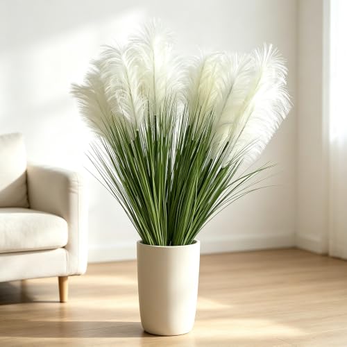 Artificial Pampas Grass, 5PCS 5 Heads Faux White Reed Grass, 36Inch Tall Fake Pampas Grass for Home Decor, Living Room, Floor Vase, Wedding & Farmhouse Indoor Outdoor Decor