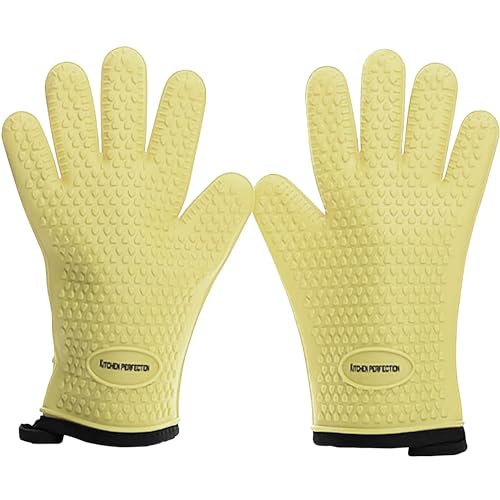 KITCHEN PERFECTION XL Silicone Smoker BBQ Gloves Heat Resistant Oven Mitts | Made For Women, Waterproof, 5-Finger Design For A Better Grip, For Meat Smoking, Grilling, Cooking, Frying Turkey, Grill Gift - color: Pastel Yellow, size: X-Large