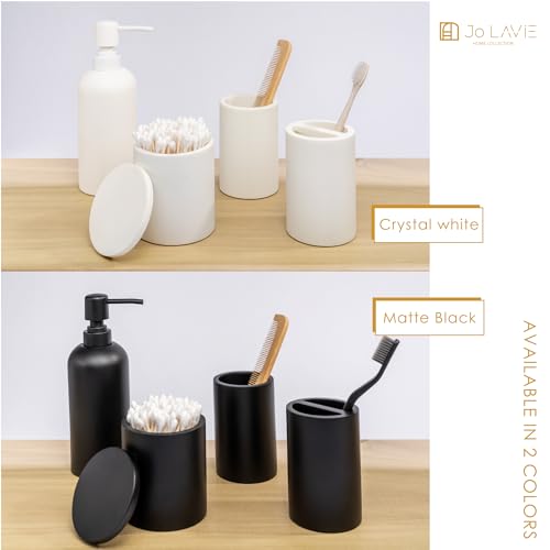 Bathroom Accessory Set - 4 Pcs Matte Black Bathroom Set with Toothbrush Holder, Soap Dispenser, Tumbler & Cotton Swab Jar - Bathroom Vanity Countertop Organizer, Bathroom Decor Sets