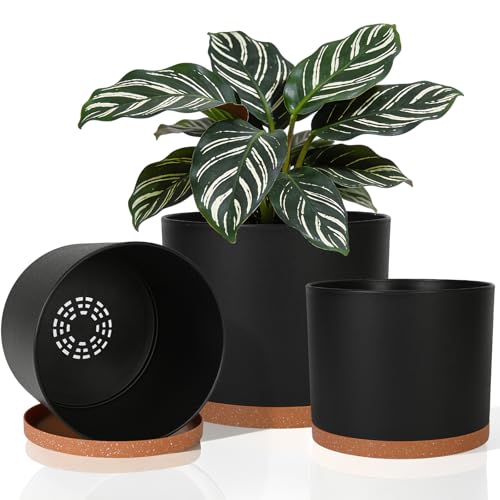 3 Pack Cylinder Planter Set 10/9/8 Inch White Indoor Plant Pots | Modern flower pots with drainage holes and saucers. For outdoor garden, succulent, nursery, and house plants. - color: Black-brown