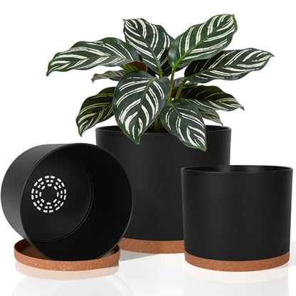 3 Pack Cylinder Planter Set 10/9/8 Inch White Indoor Plant Pots | Modern flower pots with drainage holes and saucers. For outdoor garden, succulent, nursery, and house plants. - color: Black-brown
