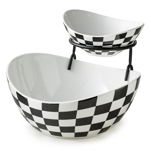 Miamolo Tiered Serving Bowls, Chip and Dip Serving Set, Hosting Essentials | Serving Platters and Tray for Appetizer, with Removable Stand, Party Entertaining, Black White Checkered, Microwave Oven Safe - color: Black and White Pattern, size: 2-Tier Set (