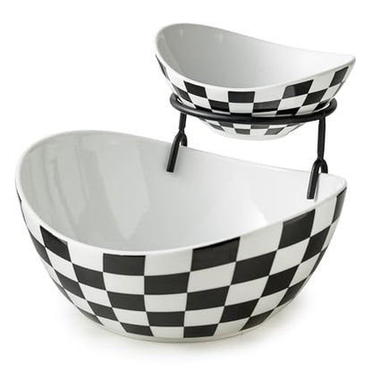 Miamolo Tiered Serving Bowls, Chip and Dip Serving Set, Hosting Essentials | Serving Platters and Tray for Appetizer, with Removable Stand, Party Entertaining, Black White Checkered, Microwave Oven Safe - color: Black and White Pattern, size: 2-Tier Set (