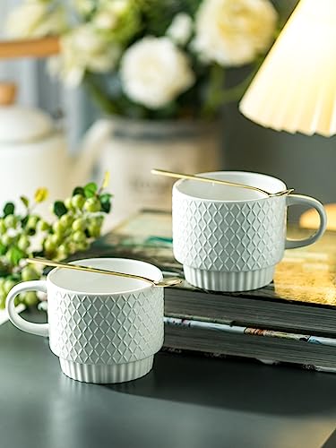 LYEOBOH Stackable Coffee Mugs with Rack, 13 oz Ceramic Coffee Mug Set of 4 with Stand, Latte Cup with Spoon, Cappuccino Cups for Hot Cocoa, Milk, White - color: White