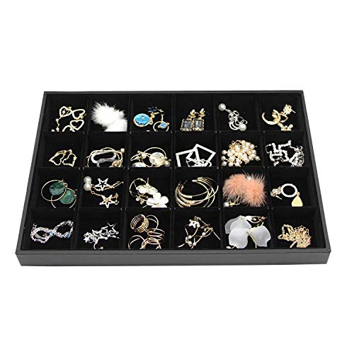Black Velvet Stackable 24 Grid Jewelry Tray Showcase Display Organizer | Holder Dividers for Teen Stud Drop Earring Watch Bead, Trinket Storage Adjustable Box Case Dish for College Dorm Woman Drawer - color: Black 24 Grid