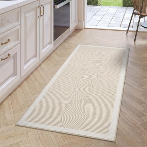 Hallway Kitchen Runner Rug Non-Slip Low Pile Washable Rug Beige 2x5ft | Soft Entryr Mat Carpet TPR Backing , Thin Profile, Abstract Pattern for Bedroom, Bathroom, Entryway Long Runners, Easy Clean - color: Beige, size: 2' x 5'