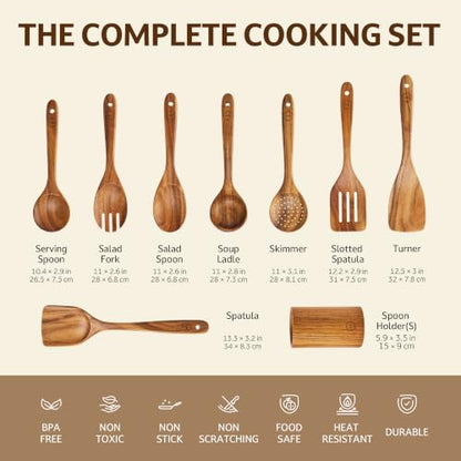 SOOMGYEOL SEOM 9-Piece Teak Wood Cooking Utensil Set with Holder | Natural Teak Wood, Uncoated, 8 Cooking Utensils & Holder, Nonstick Safe - size: 9 PCS Set