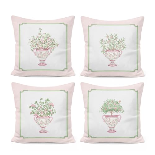 Pink Chinoiserie Floral Pillow Covers 18x18, Grandmillennial Cottagecore Pink and Green Flower Botanical Decorative Throw Pillow Covers for Home Room Nursery Sofa Couch, Set of 4 - color: White-pink Chinoiserie Set