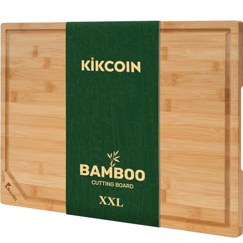 Kikcoin 20”×14” Bamboo Cutting Boards for Kitchen, Wooden Healthy Cutting Boards for Charcuterie, Vegetables, Cheese, Bread, Extra Large Chopping Boards with Deep Juice Groove and Handle, Natural - color: Natural, size: 20"L x 14"W