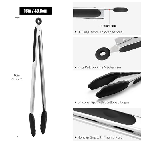 Doosu 16in Kitchen Tong for Cooking - 600°F Heat Resistant Food Tong with Non-Scratch Silicone Tips & 600°F Heat Resistant Silicone Spoon Spatula Set of 3 Cooking Spoons for Stir Mixing (Black)