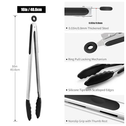 Doosu 16in Kitchen Tong for Cooking - 600°F Heat Resistant Food Tong with Non-Scratch Silicone Tips & 600°F Heat Resistant Silicone Spoon Spatula Set of 3 Cooking Spoons for Stir Mixing (Black)
