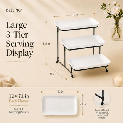 DELLING 3 Tier Serving Tray for Dessert Table Display, 12 Inch Porcelain Tiered Serving Stand - White Serving Platters for Party Entertaining, Collapsible Stand for Baby Shower Birthday Wedding - size: 12 Inch