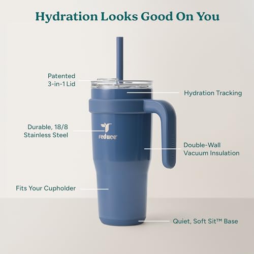 REDUCE 24oz Stainless Steel Tumbler w/Handle - Dishwasher Safe Travel Mug | Dual-wall vacuum insulated, sweat-proof lid, reusable straw, keeps drinks cold for 24 hrs, fits cupholders, Mineral Blue - color: Mineral Blue, size: 24 Ounces