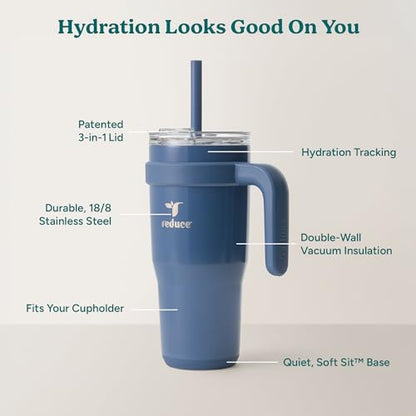 REDUCE 24oz Stainless Steel Tumbler w/Handle - Dishwasher Safe Travel Mug | Dual-wall vacuum insulated, sweat-proof lid, reusable straw, keeps drinks cold for 24 hrs, fits cupholders, Mineral Blue - color: Mineral Blue, size: 24 Ounces