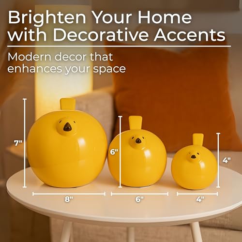 Set of 3 Bird Decorative Figurine – Ceramic Stoneware Decor Sculpture Accent – Figurines & Sculptures Home Decor for Office, Bedroom & Living Room – 8", 6" & 4", Yellow