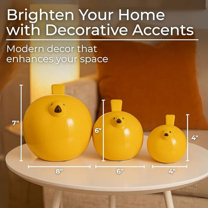 Set of 3 Bird Decorative Figurine – Ceramic Stoneware Decor Sculpture Accent – Figurines & Sculptures Home Decor for Office, Bedroom & Living Room – 8", 6" & 4", Yellow