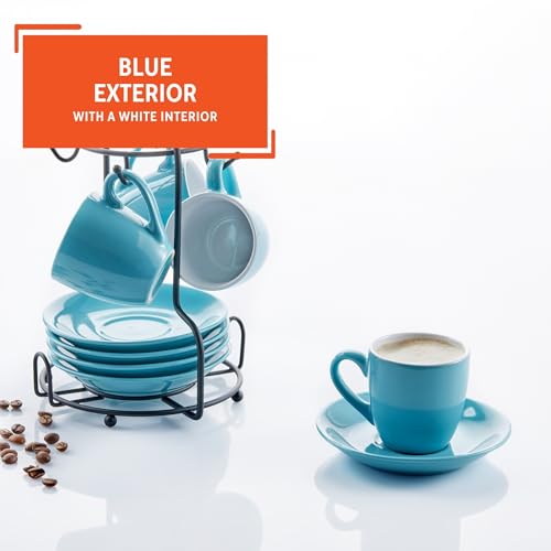 IMUSA USA 8pc 3oz Blue and White Espresso Cups & Saucers Set w/Storing Rack, 8pc, Teal - color: Blue and White, size: 3 Ounces, style: 8 Piece