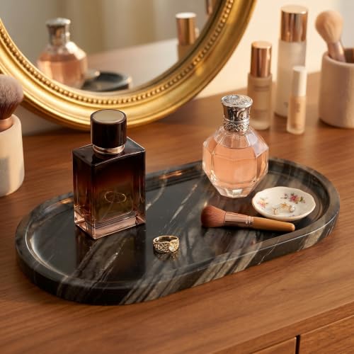 YKAJO Antique Wood Oval Marble Tray, 11.8x5.9 Vanity Perfume Organizer | Honed natural stone; jewelry & trinket dish, ring & key holder, soap & candle catchall; bath counter, dresser, coffee table - color: Antique Wood, size: 11.8" x 5.9" x 0.6"