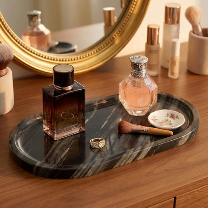 YKAJO Antique Wood Oval Marble Tray, 11.8x5.9 Vanity Perfume Organizer | Honed natural stone; jewelry & trinket dish, ring & key holder, soap & candle catchall; bath counter, dresser, coffee table - color: Antique Wood, size: 11.8" x 5.9" x 0.6"
