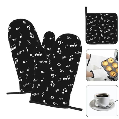 Music Notes Oven Mitts and Pot Holders Sets of 3 Black Hot Pads Musicial Oven Gloves Heat Resistant Non Slip Washable for Kitchen Cooking Grilling Baking - color: Music Notes