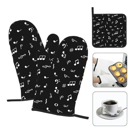 Music Notes Oven Mitts and Pot Holders Sets of 3 Black Hot Pads Musicial Oven Gloves Heat Resistant Non Slip Washable for Kitchen Cooking Grilling Baking - color: Music Notes