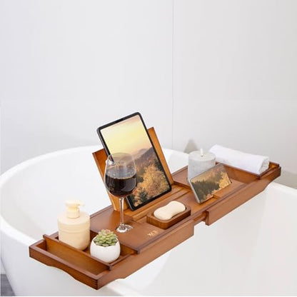 Bamboo Bathtub Caddy Tray with Book Stand & Soap Holder, Brown | Expandable to 41 Inches & Anti-Slip Pads for Luxury Bath Spa - color: Brown