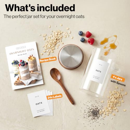 Overnight Oats Containers with Lids - Glass Mason Jars, Meal Prep | Acacia Wood, Airtight Silicone Seal Set of 4 - Includes Spoons, 40 Labels for Chia Pudding, Yogurt, Cereal, Oatmeal - color: 4 pack - Acacia Lid