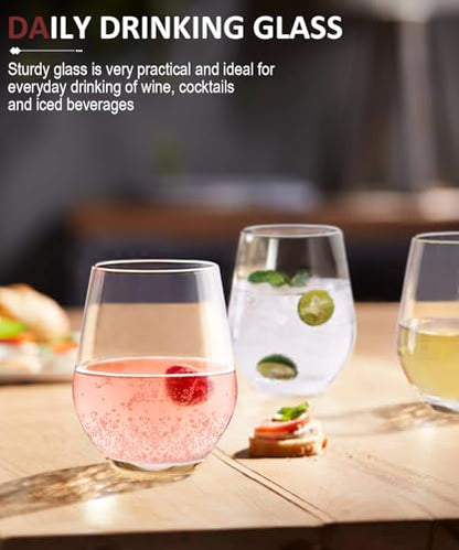 OJA Wine Glasses Set, Crystal Stemless Red Wine Glass, Set of 4, 15 oz | No Stem, Clear, Sturdy Drinking Glass for White Wine, Daily Use, Birthday, Wedding, Home Party, Anniversary, Shower Gift - style: Set of 4-15 oz