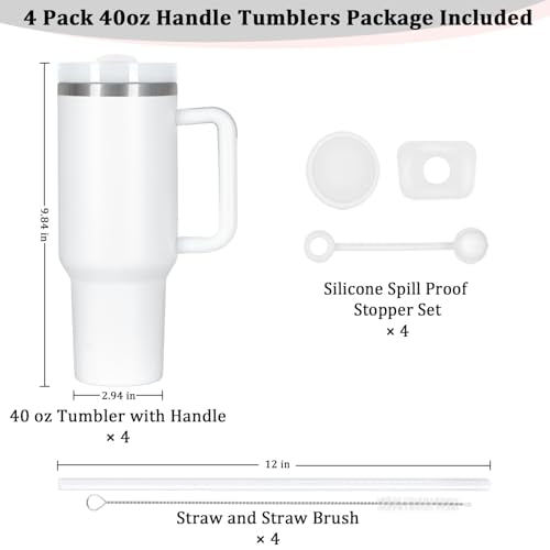 4 Pack 40 Oz Tumbler with Handle Bulk, Double Wall Vacuum Insulated Stainless Steel Tumbler with Lid and Straw, 40 oz cup with Silicone Spill Proof Stopper Set (White) - color: White