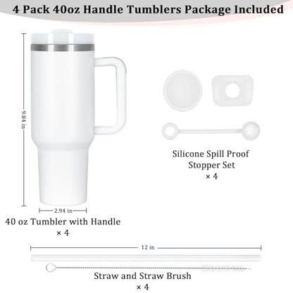 4 Pack 40 Oz Tumbler with Handle Bulk, Double Wall Vacuum Insulated Stainless Steel Tumbler with Lid and Straw, 40 oz cup with Silicone Spill Proof Stopper Set (White) - color: White