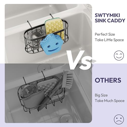SWTYMIKI Sponge Holder for Kitchen Sink - Movable Sink Caddy with Smiley Face Sponge Holder, Rustproof Hanging Sponge Organizer in Double Bowl Sinks Depth>3.15in, Middle Divider<1.5in, Black - color: Black-smiley Sponge Holder
