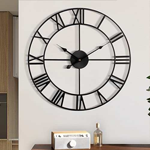 1st owned 16 inch Wall Clock - Metal Retro Roman Numeral Wall Clock, Almost Silent, Easy to Read for Living Room Decor/Home/Kitchen/Bedroom/Office/School(Black) - color: Black, size: 16 Inch