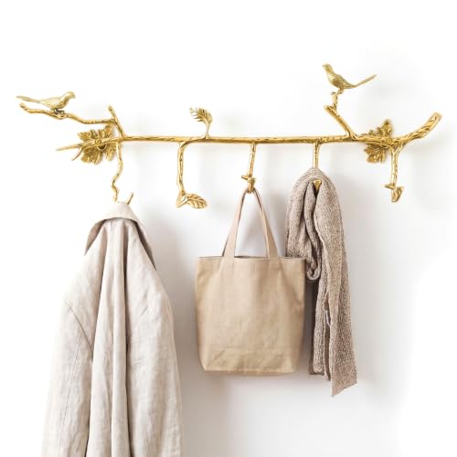 Sawysine Brass Bird Wall Hook, Decorative Vintage Coat Rack with 6 Hooks | Decorative wall hook for coats, hats, bags and towels in entryways, bedrooms, bathrooms and home spaces
