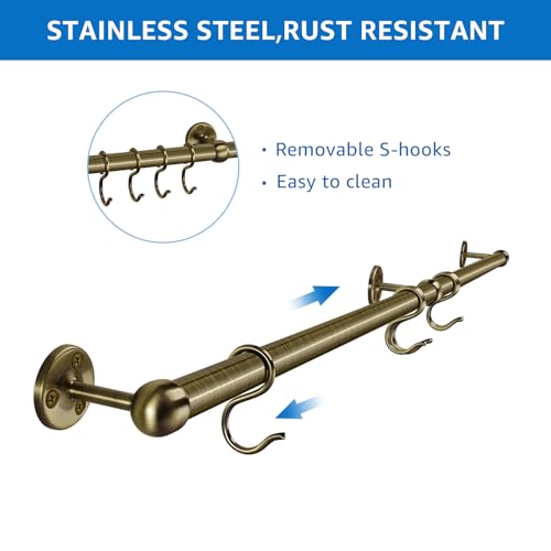 ROTHLEY Hanging Pot Rack Hanger: 39.4 Inch Stainless Steel Pot and Pan Hanger Pot Rack Wall Mounted Hanging Pots and Pans Rack Pot Hangers for Kitchen Wall Kitchen Rail with Hooks (Antique Brass) - color: Antique Brass, size: 39.4 inch