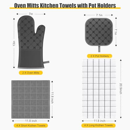 Oven Mitts Kitchen Towels Dishcloths with Pot Holders Sets 12PCS, Dish Towels Sets, Oven Gloves Pot Pads Heat Resistant 500 Degrees with Non-Slip Silicone Surface for Cooking Baking Grilling-Grey - color: Gray