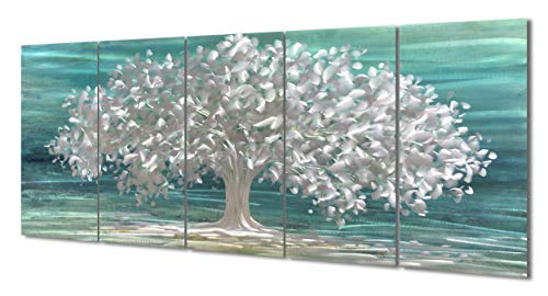 Yihui Arts Tree Of Life Metal Wall Art Handcrafted Aluminum Artwork Teal and Silver Abstract Nature Pictures in 5 Pieces for Living Room Bedroom Bathroom Decor - color: Tree Of Life, size: 64"L x 24"W