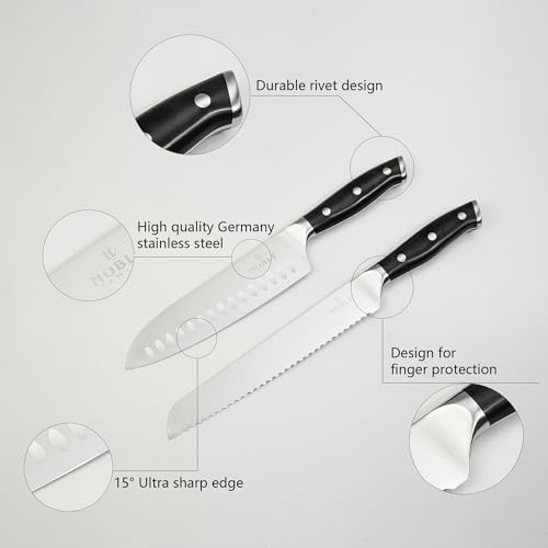 Knife Set with Block, N NOBLE FAMILY 16Pcs Kitchen Knives Drawer Organizer Set with Sharpener, Cutting Board, Anti-Slip Chef Knives Set with 6Pcs Steak Knives, Black - color: Black